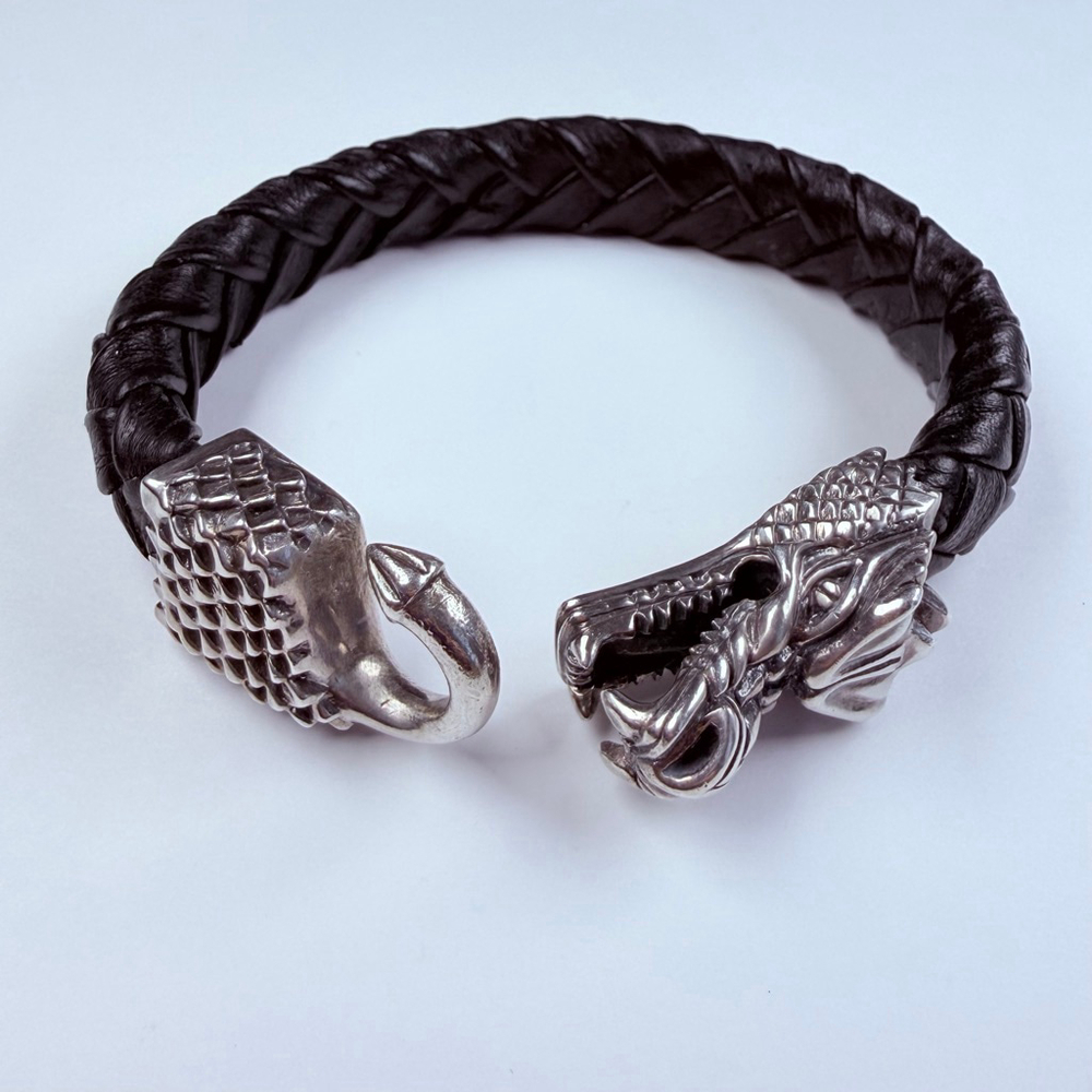 King Baby Large Dragon 925 Sterling Silver & Leather Braided Bracelet $985 - Picture 8 of 12